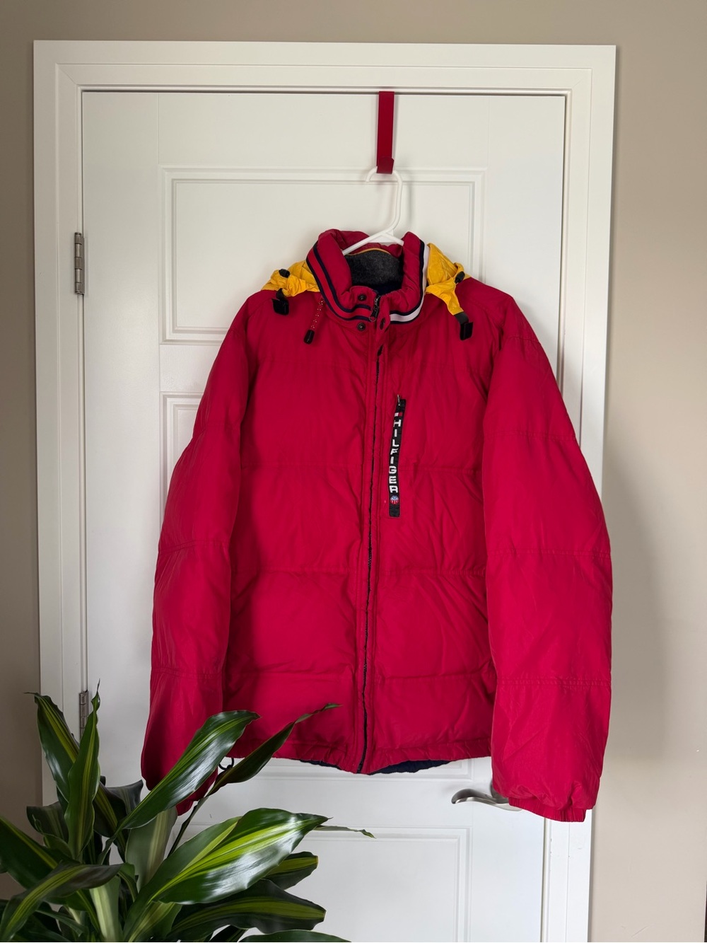 Vintage Reversible Tommy Hilfiger Red Puffer Jacket with Yellow Hood